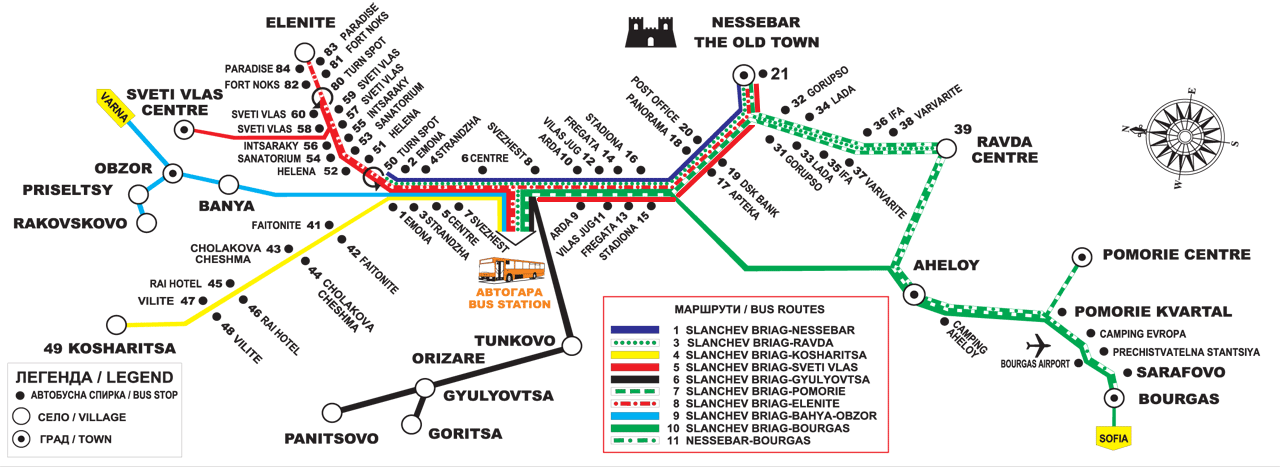 Mapa przystanków autobusowych między Słonecznym Brzegiem a Nesebyrem